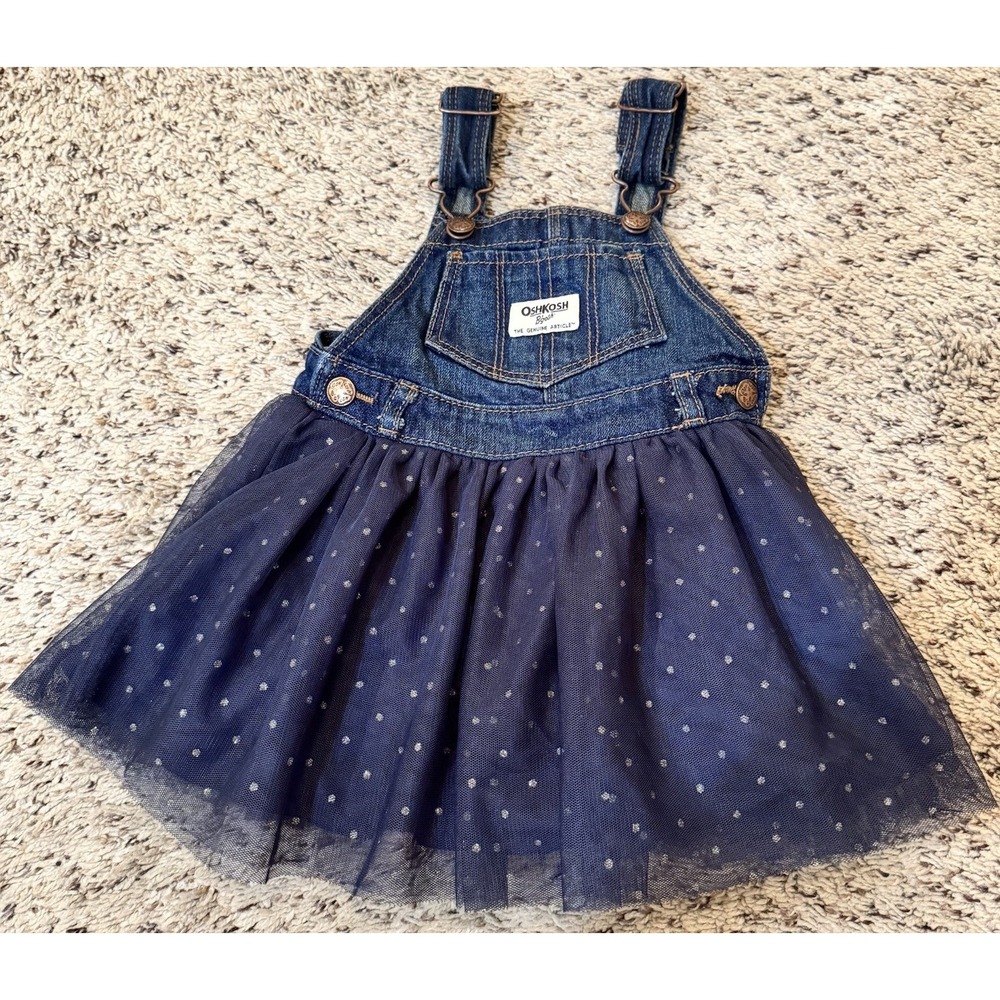 OshKosh B'gosh Denim Tulle Jumper Dress Navy Polka Dot Overall 18 Months